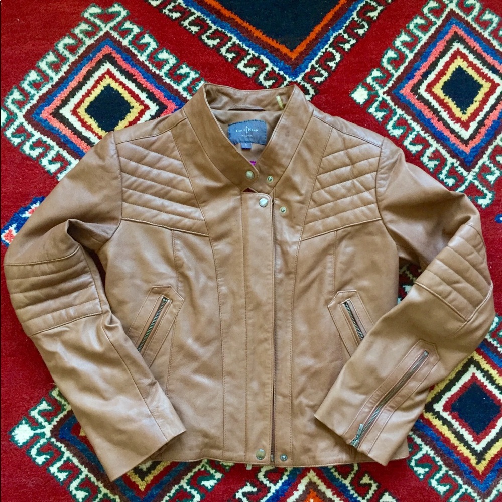 Cole Haan 100% leather tan motorcycle jacket